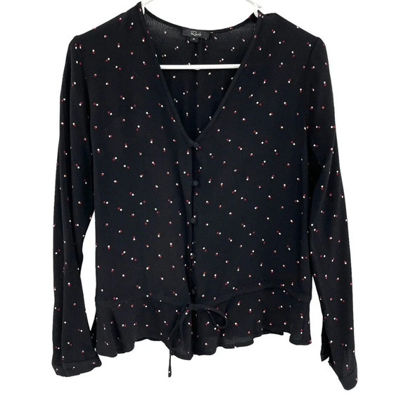 Rails Women's Top Beaux Blouse in Black Off Set Dot Long Sleeves Ruffle Hem Sz M - Picture 7 of 13